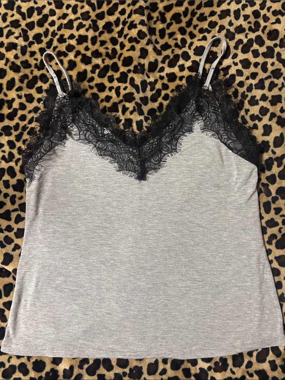 Gray Lace-Trim Cami Top M with Black Lace